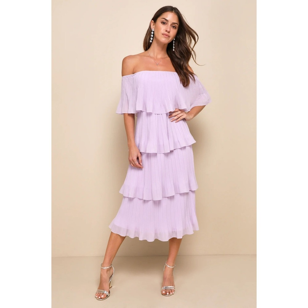 Lulus Gala Ready Lavender Off-the-Shoulder Ruffle Midi Dress in Lavender Size XS
